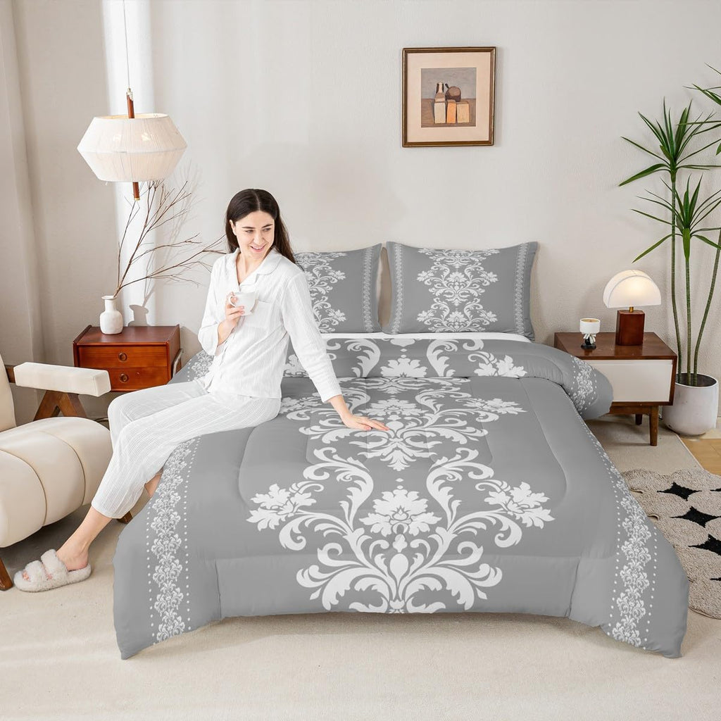 White Grey Damask Print Comforter Set King Size Bedding Set