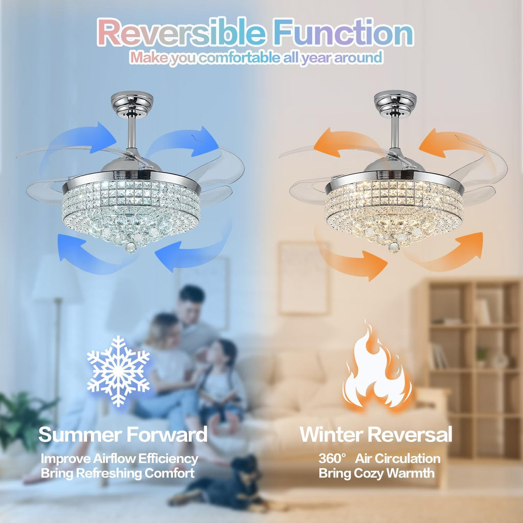 36" Bluetooth Ceiling Fan with Light and Speaker,RGB Retractable Blades Crystal Fandelier Music Player LED Chandelier