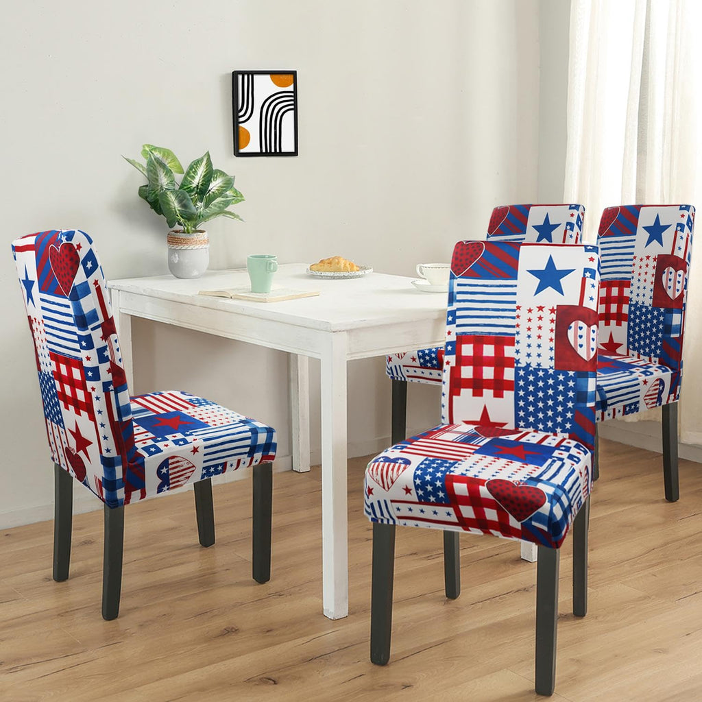 Dining Room Independence Day Chair Covers Set of 4, 4th of July Plaid Stitching Dining Chair Cover, Elastic Removable