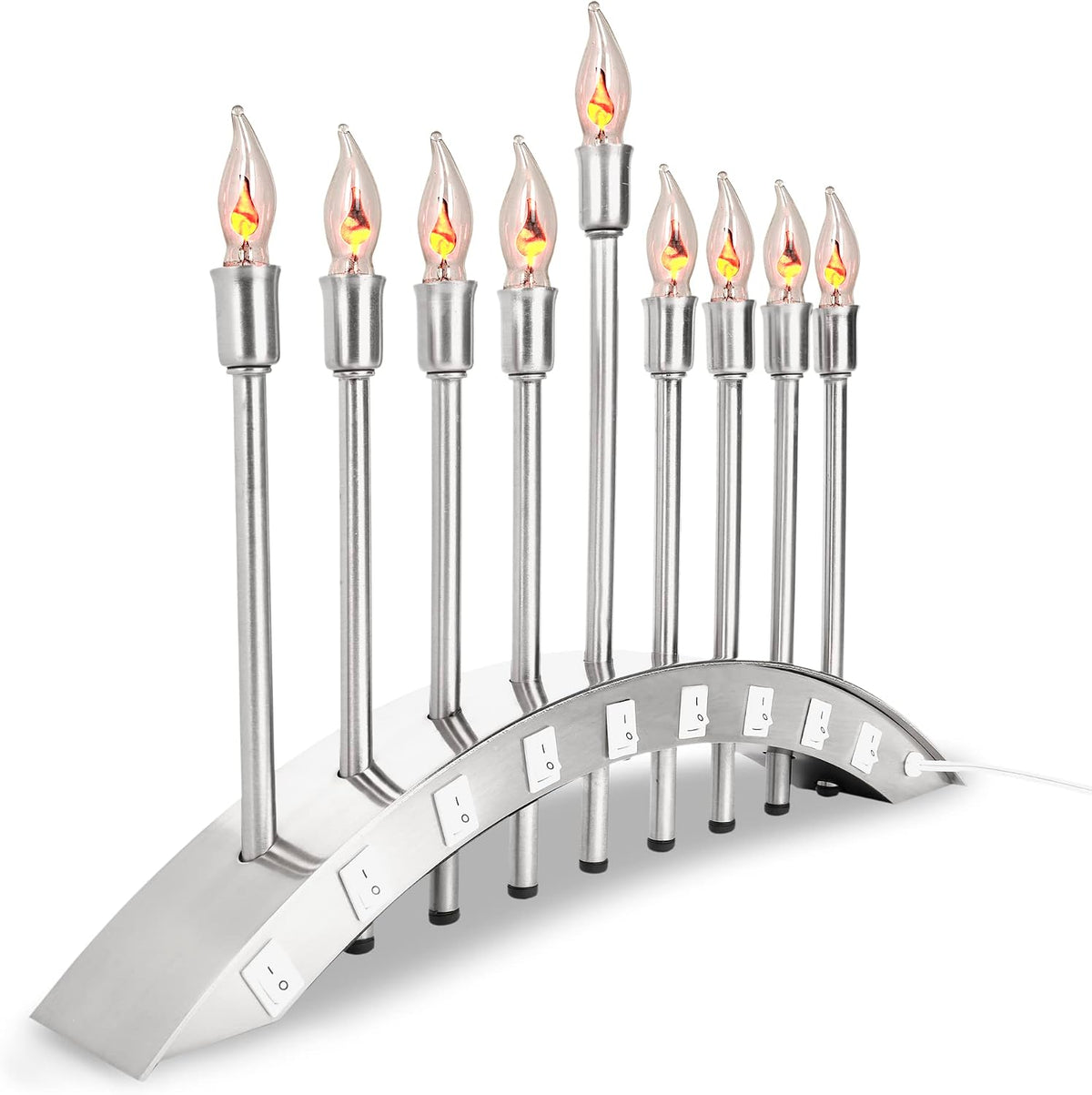 Hanukkah Electric Brushed Stainless Steel with Flickering Flame Bulbs Candles 9 Branch Hanukkiah for Chuanukah
