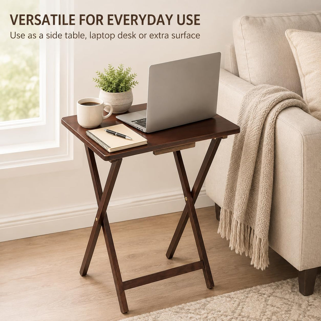 Modern Indoor Folding Tray Table Set of 2, Walnut Finish, Solid Rubberwood, 19 x 14.5 x 26 Inches, Lightweight & Easy
