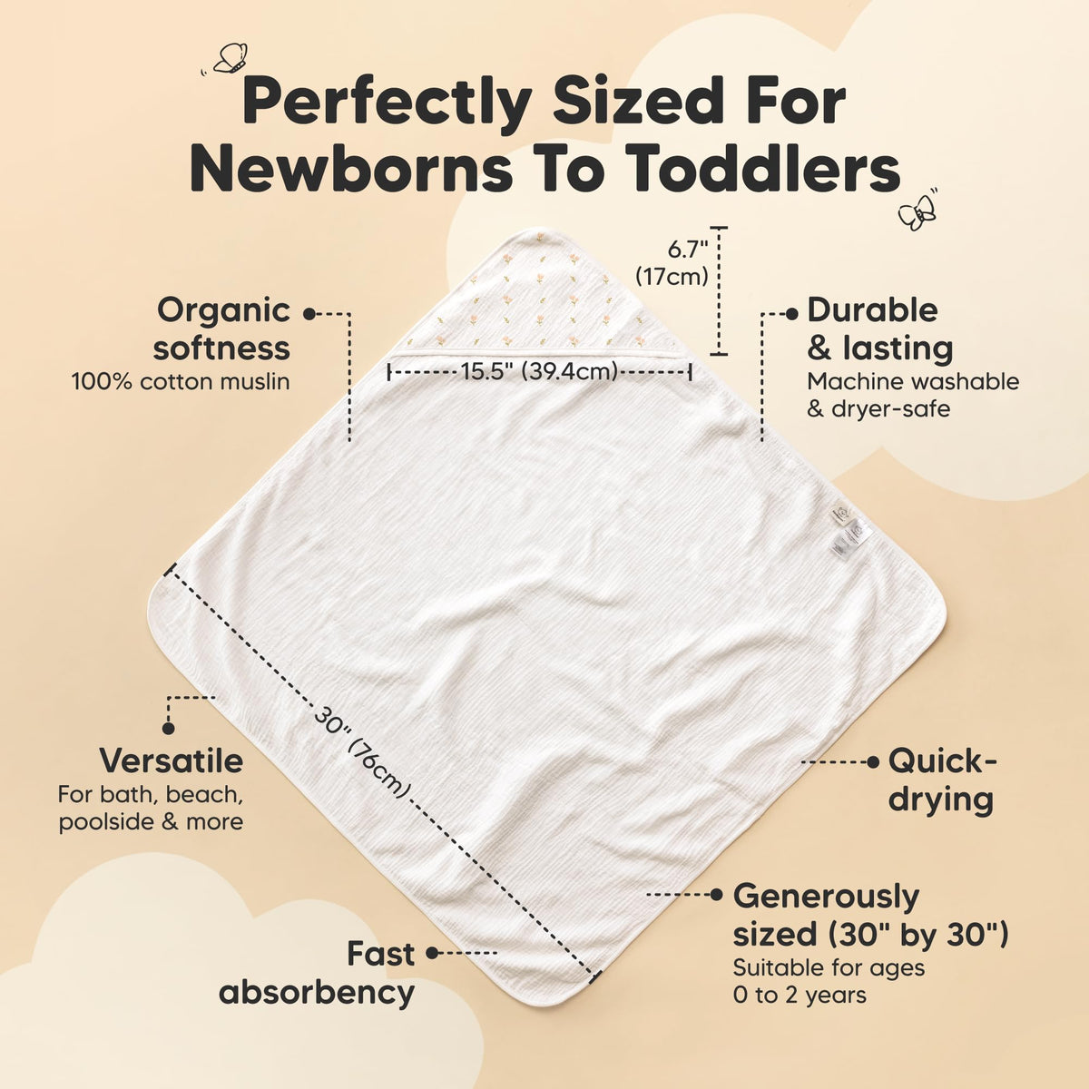 Muslin Baby Bath Towels with Hood for Girl Boy (Tulips, 30x30)