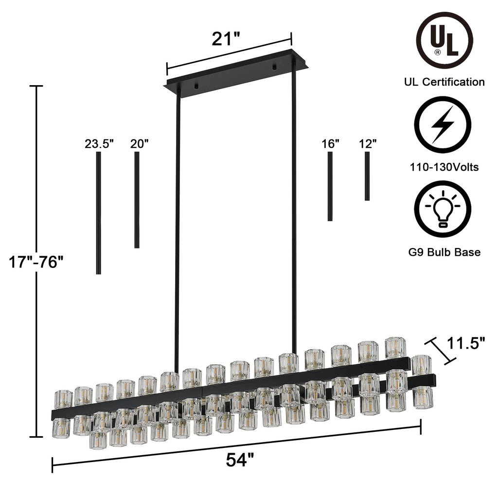 54" 60-Light Black Large Modern Crystal Rectangular Chandelier
