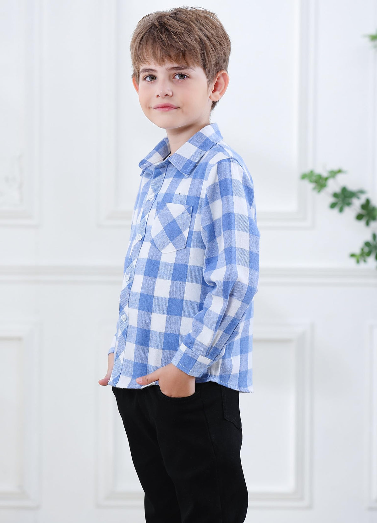Boys & Toddler Plaid Button Down Shirt Long Sleeve Flannel Shirt Tops, Flannel# Dark Blue White, = Tag 170