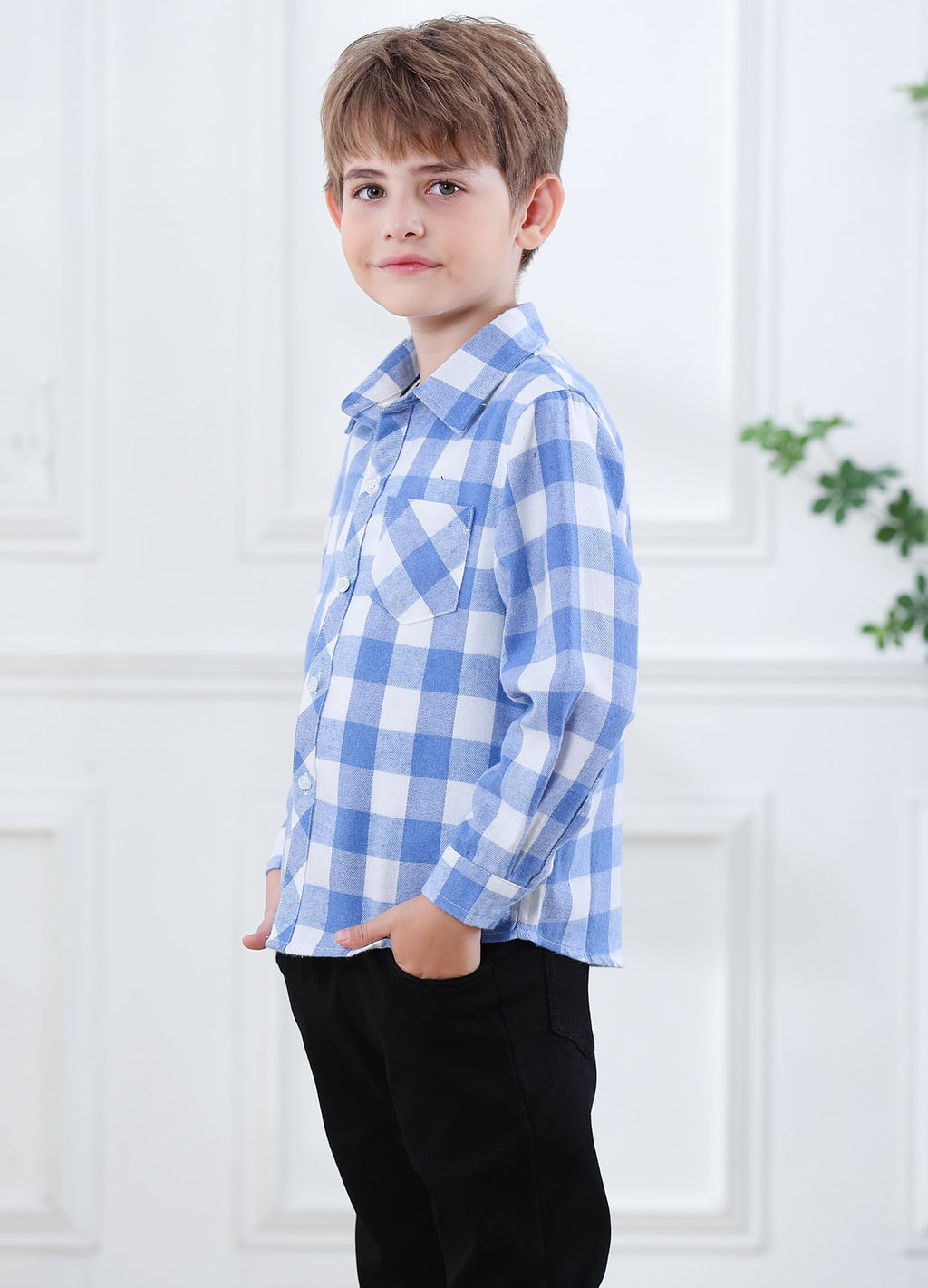 Boys & Toddler Plaid Button Down Shirt Long Sleeve Flannel Shirt Tops, Flannel# Dark Blue White, = Tag 170