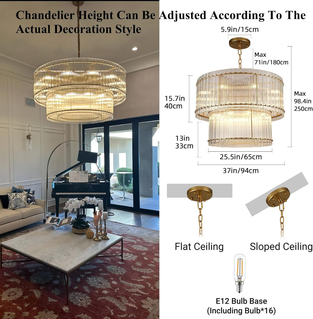 37" 16-Light Gold Modern Crystal 3-Tier Round Chandelier