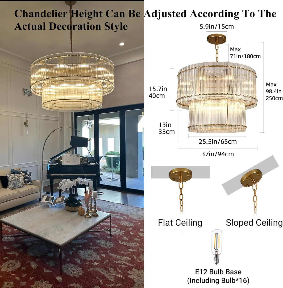 37" 16-Light Gold Modern Crystal 3-Tier Round Chandelier