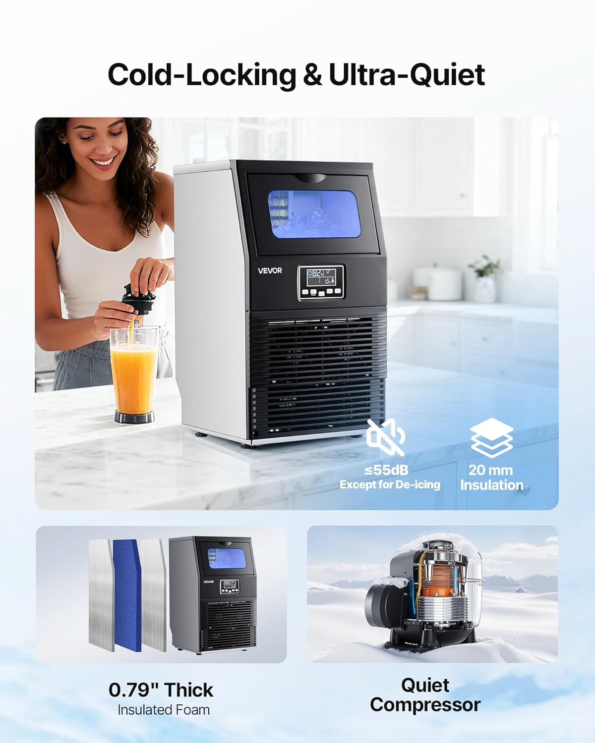 Commercial Ice Maker Machine, 80 lbs/24h with 12Lbs Storage, 32 Cubes per Cycle, Stainless Steel Freestanding & Countertop Ice Maker with LED Display & Self-Cleaning, for Home Bar Restaurant