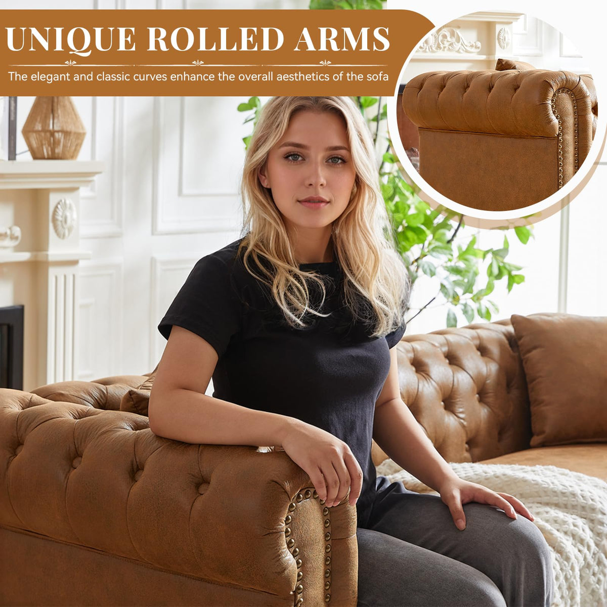 63.5inch Modern Upholstered Chesterfield Tech Fabric Loveseat Sofa, Brown