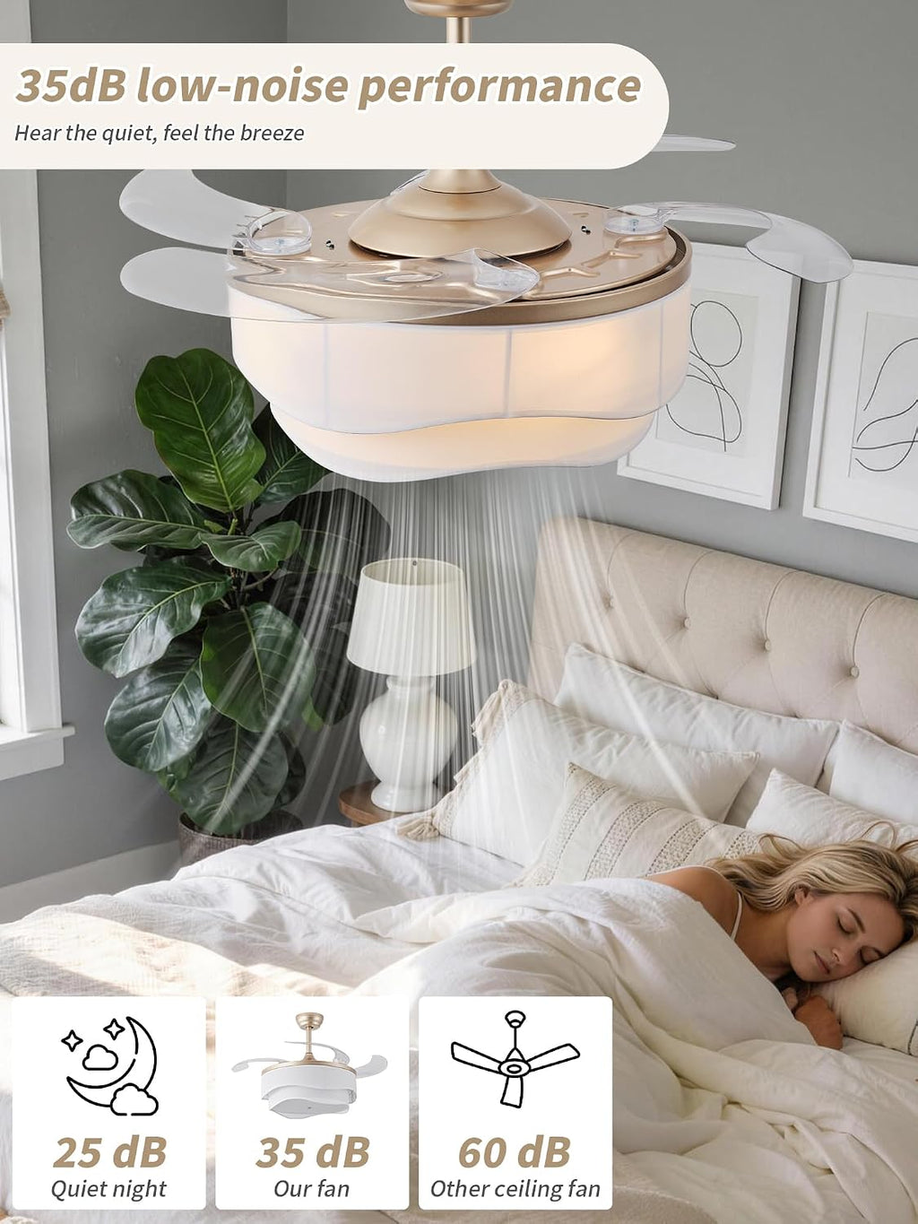 42" Gold Caged Chandelier Retractable Ceiling Fan with Light & Remote