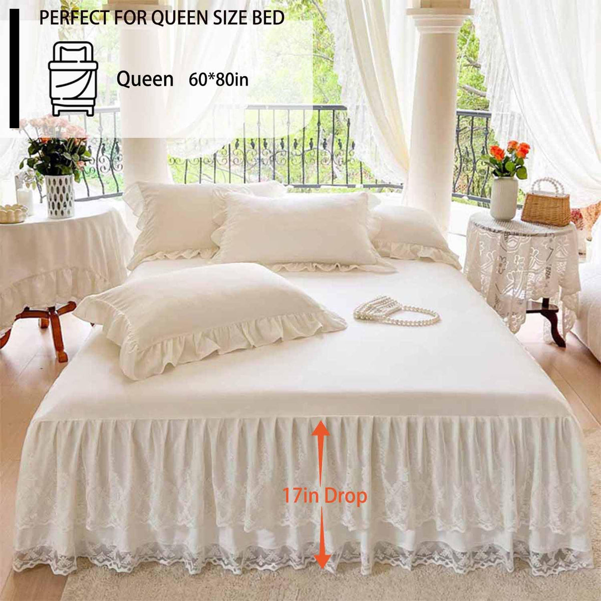 Lace Ruffled Bed Skirt, 17 Inch Drop Easy Fit Bedskirt Bed Sheet for Hidden Box Spring & Under Bed Storage