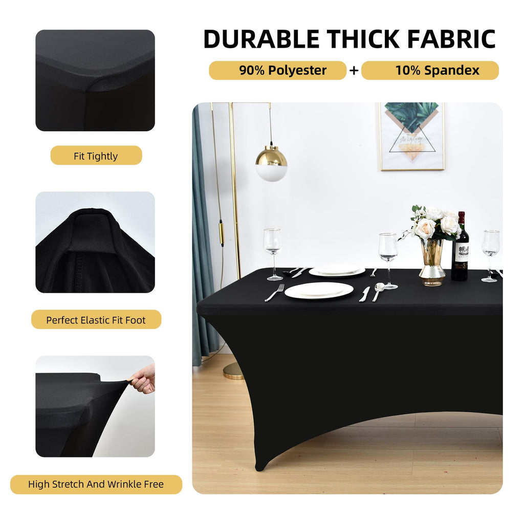 6-Pack 6ft Black Spandex Table Covers for Rectangle Standard Folding Tables - Wrinkle Resistant Stretch Tablecloths