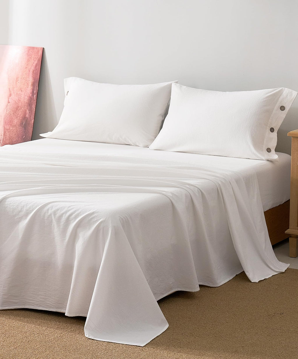 100% Washed Cotton Sheet Set, 4PC, Deep Pocket, White