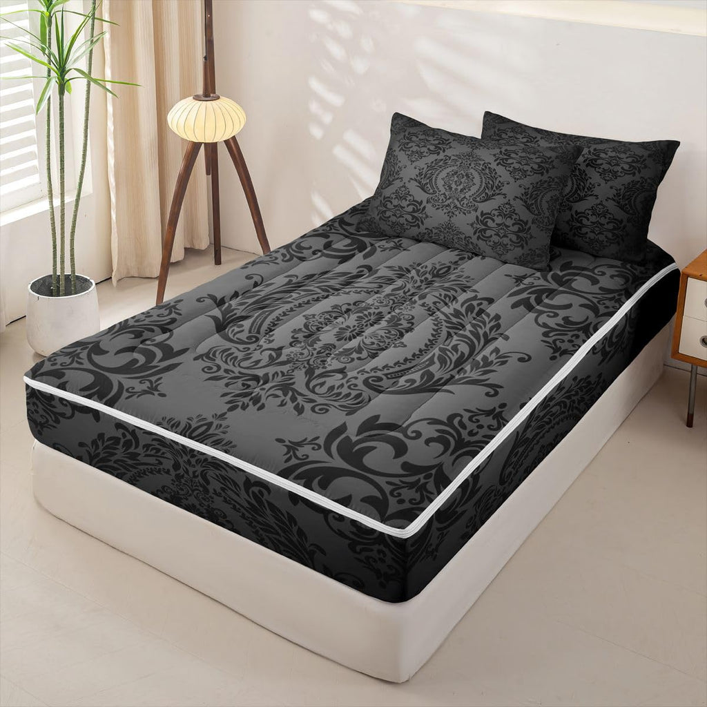 Black Gothic Damask Floral Comforter Set Full Zipper Bedding Set
