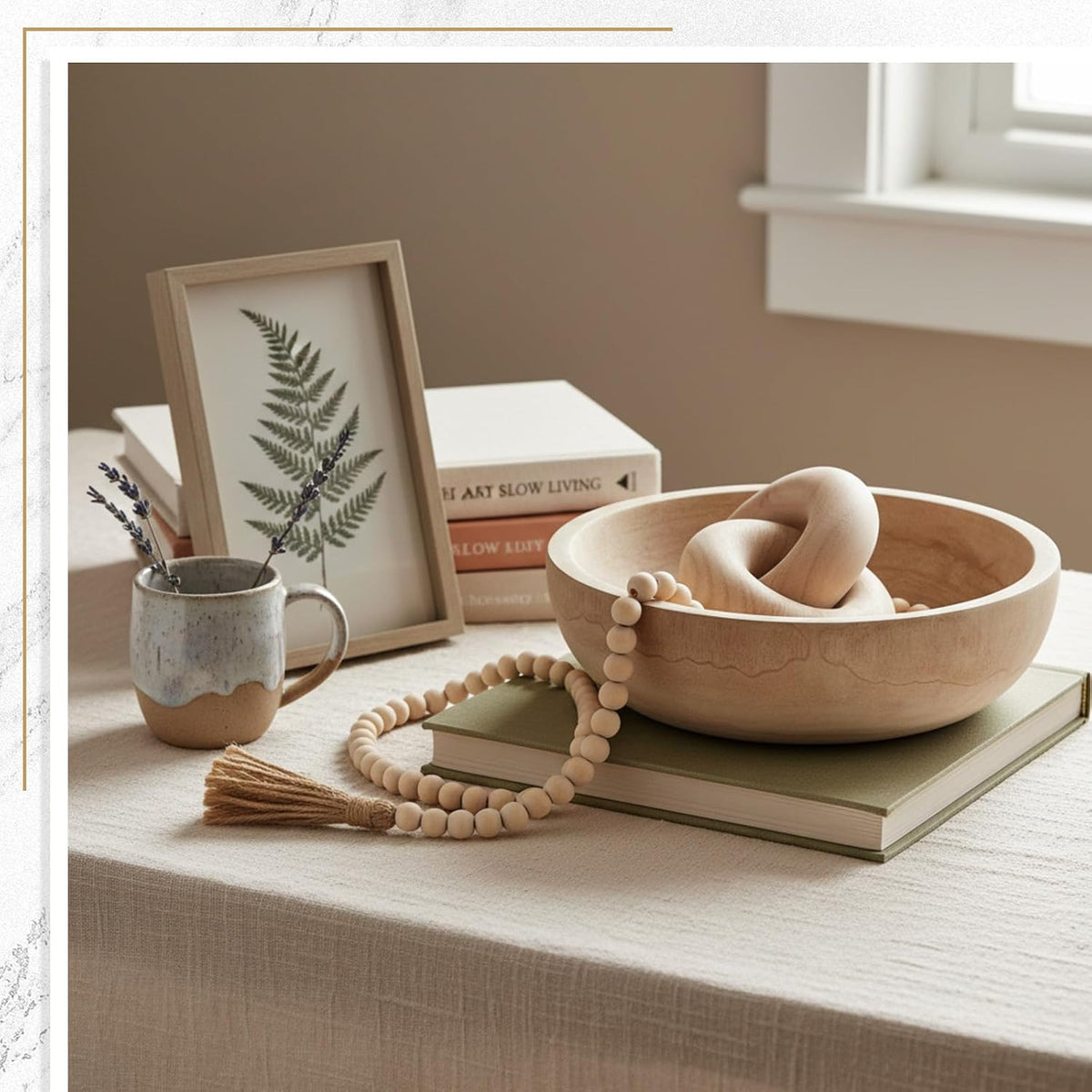 Farmhouse Wooden Decoration Set, Wooden Bowl, Chain, Beads, Suitable , Bohemian, Coffee Table, Bedroom