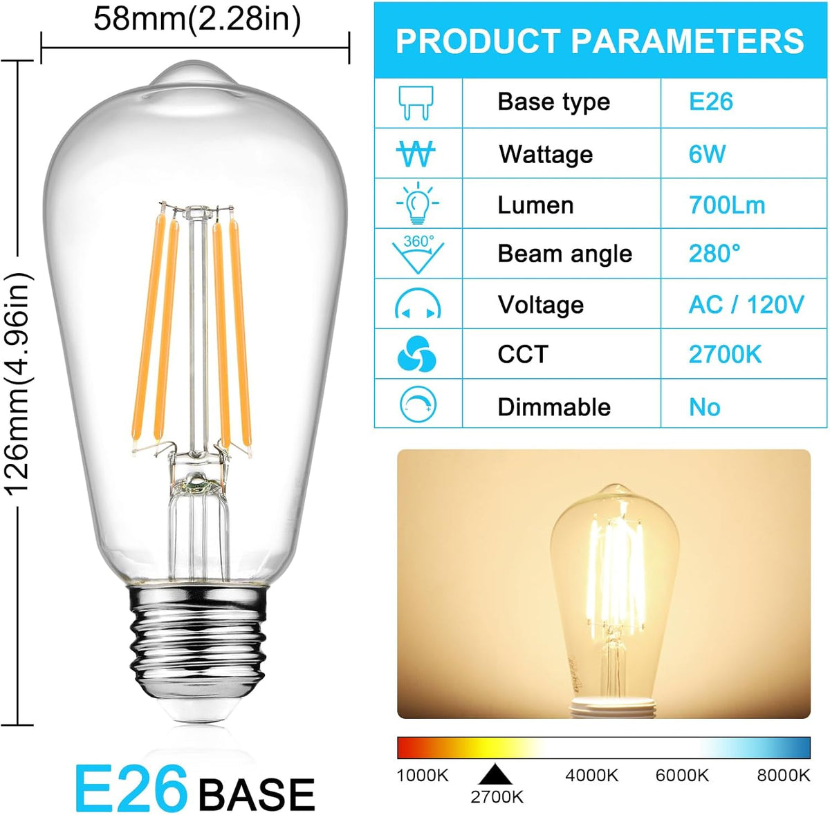 Vintage LED Edison Bulbs, 6W, Equivalent 60W, Non-Dimmable, Warm White 2700K, ST58 Antique LED Filament Bulbs