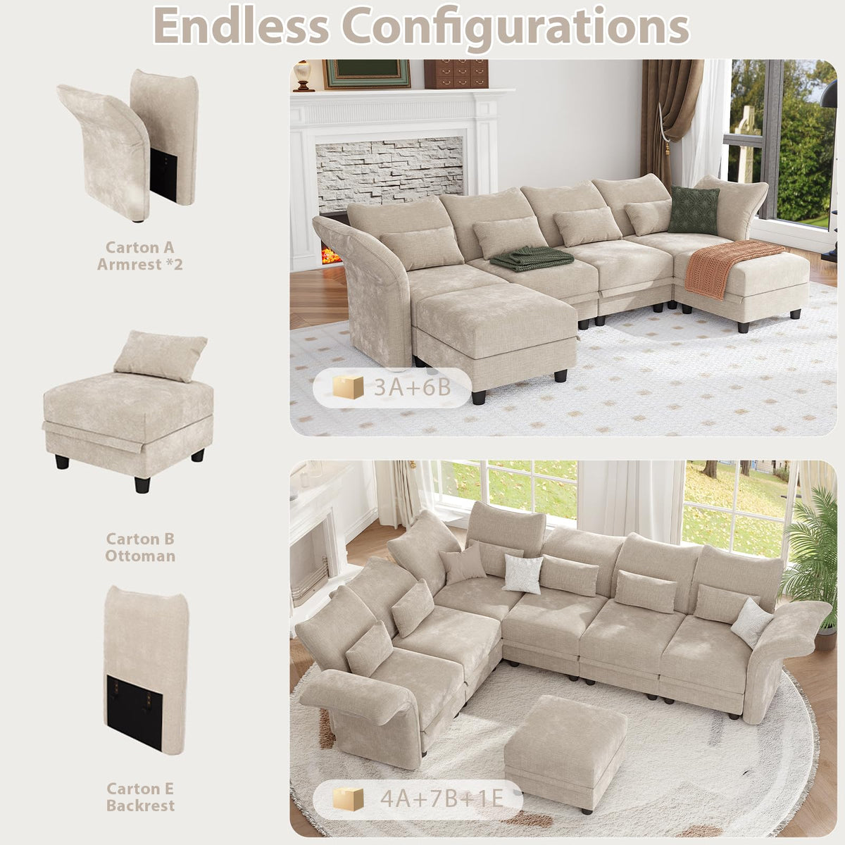 L Shaped Modular Sectional Sofa 7 Seater Sectional Couch with Storage Ottoman, Deep Sectional Sofas with Adjustable