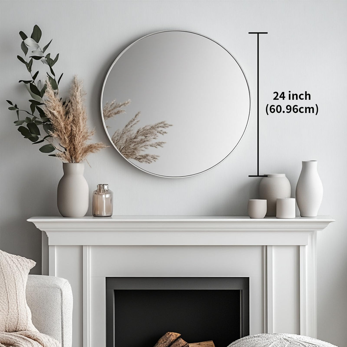 Round Mirror, 24 inch Silver Circle Mirror,Bruhsed Nickel Metal Frame