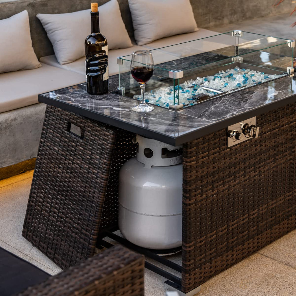 44in Outdoor Propane Gas Fire Pit Table, 50, 000 BTU Auto-Ignition Gas Firepit with Glass Wind Guard, Marble Tile