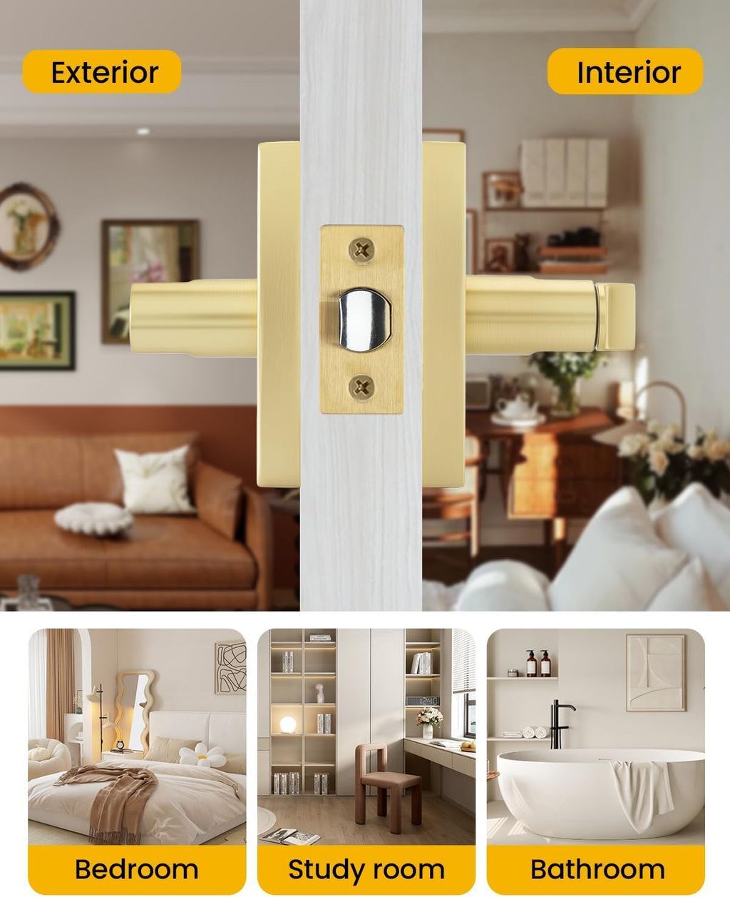 Brushed Gold Door Handle with Lock and Key, Square, 3 Pack