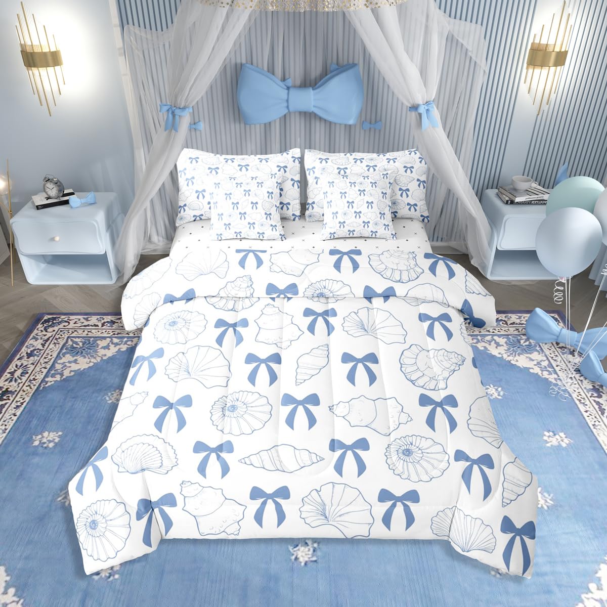 7 Pieces Blue Bowknot Comforter Set with Sheets