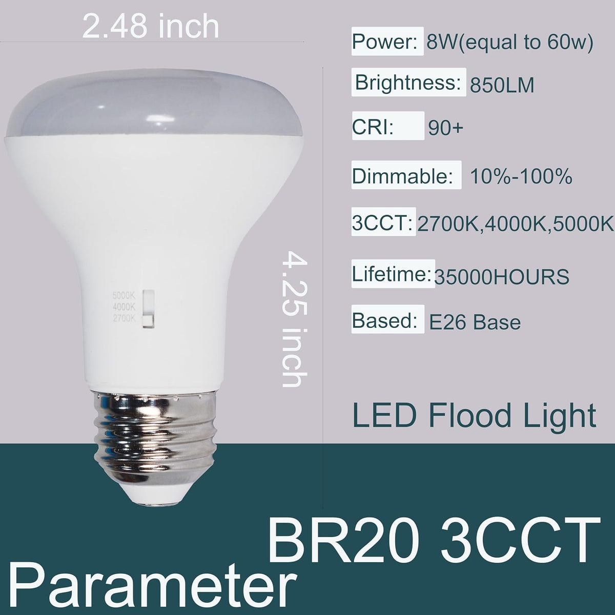3CCT Dimmable LED BR20 Flood Light Bulb,Warm White Cool White Daylight 8W (Equivalent to 60W),2700K 4000K