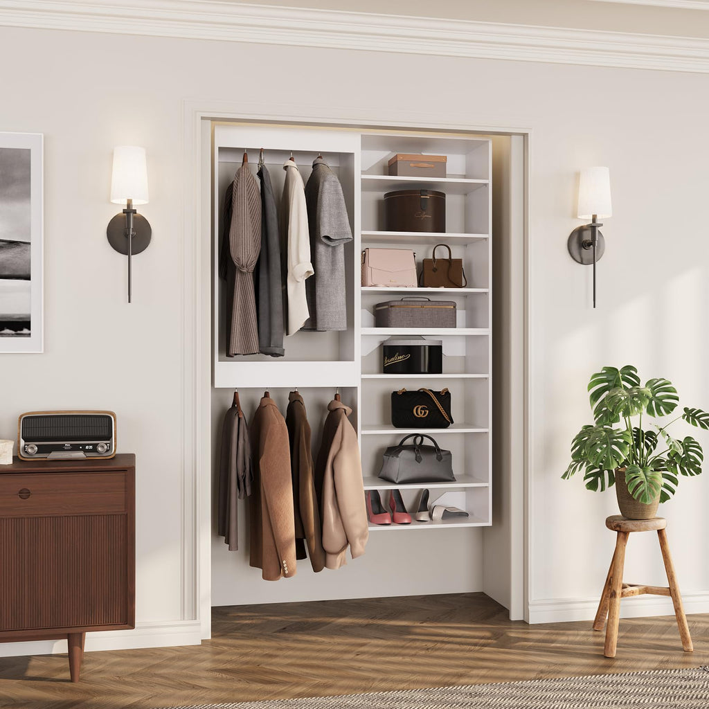 Modular Closet System, 52" Wall-Mounted Closet Organizer with Hanging Rods and Shelves, Wooden Tower for Walk-In