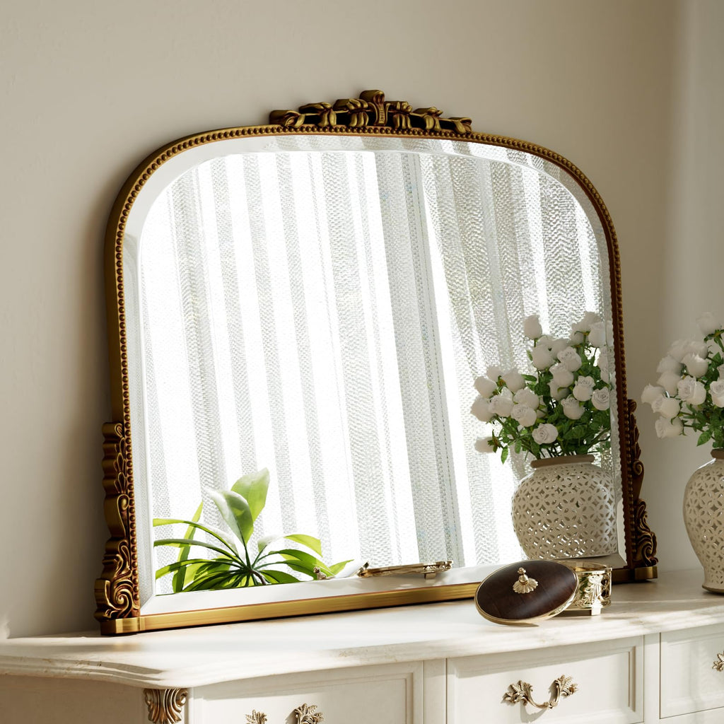 Wall Beaded Mirror, 36 x 27 Inch Round Top Right Angle Wall Mirror, Tempered Glass, Rust Resistant, Horizontally or