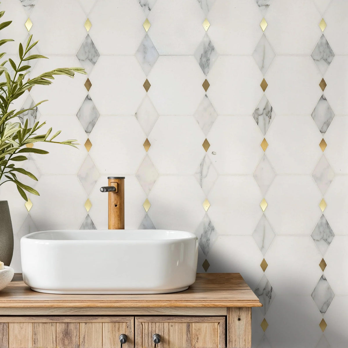 Calacatta Thassos Waterjet Mosaic, Marble with Brass, Polished, Wall Floor Tile