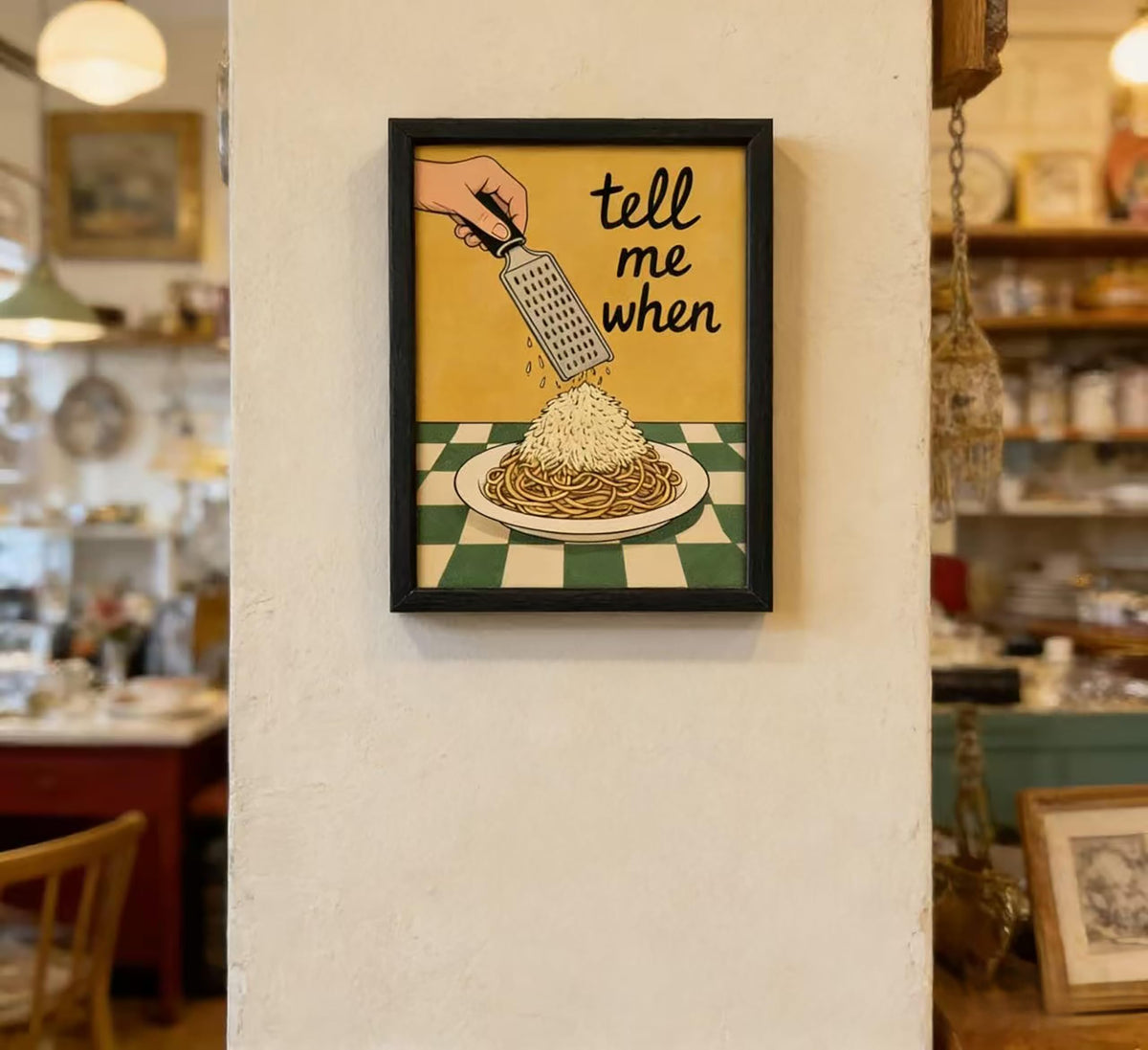 Framed 'Tell Me When' Pasta Cheese Grater Wall Art, Funny Retro Kitchen Canvas Print, Humorous Dining Room Decor