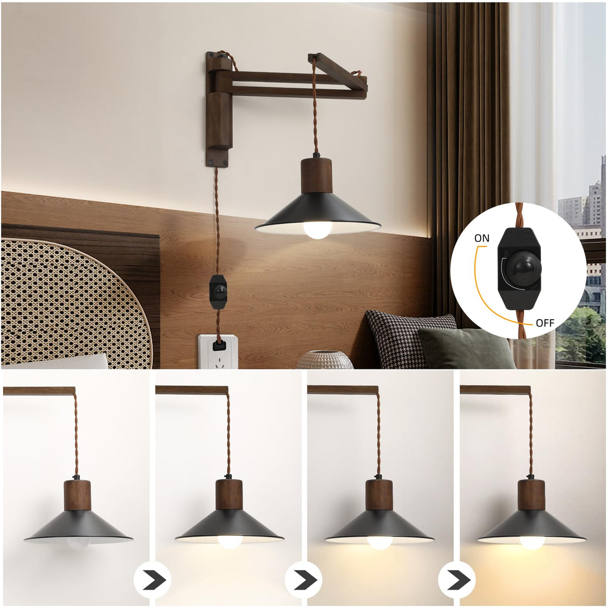 Plug in Wall Lamps Adjustable Swing Arm, Farmhouse Wood Wall Lights Bedroom