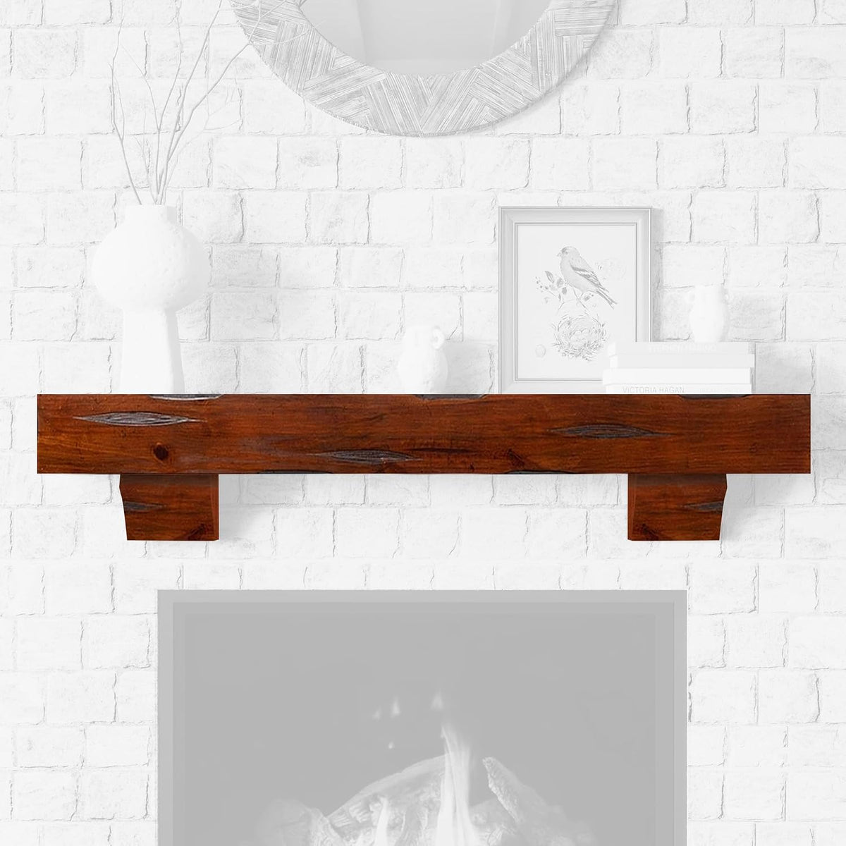 60" Shelf with Corbels - Rustic Floating Mantel Shelf for Over Fireplace - Cinnamon - Wood Shelf for
