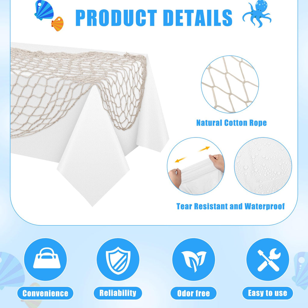 6 Pack Fish Net Decorative and Tablecloth Set, Cotton Fishnet and Plastic Table Cover Decorations Set for Nautical