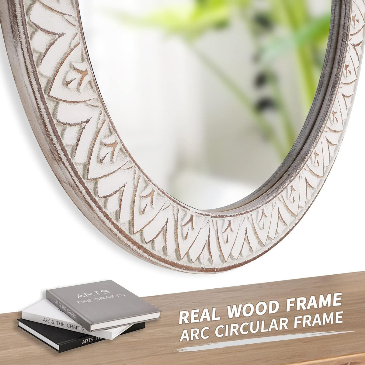 Rustic Round Wood 36 Inch Farmhouse Mirror, Wall Mount, Framed, White, Flower White, Modern & Rustic Style