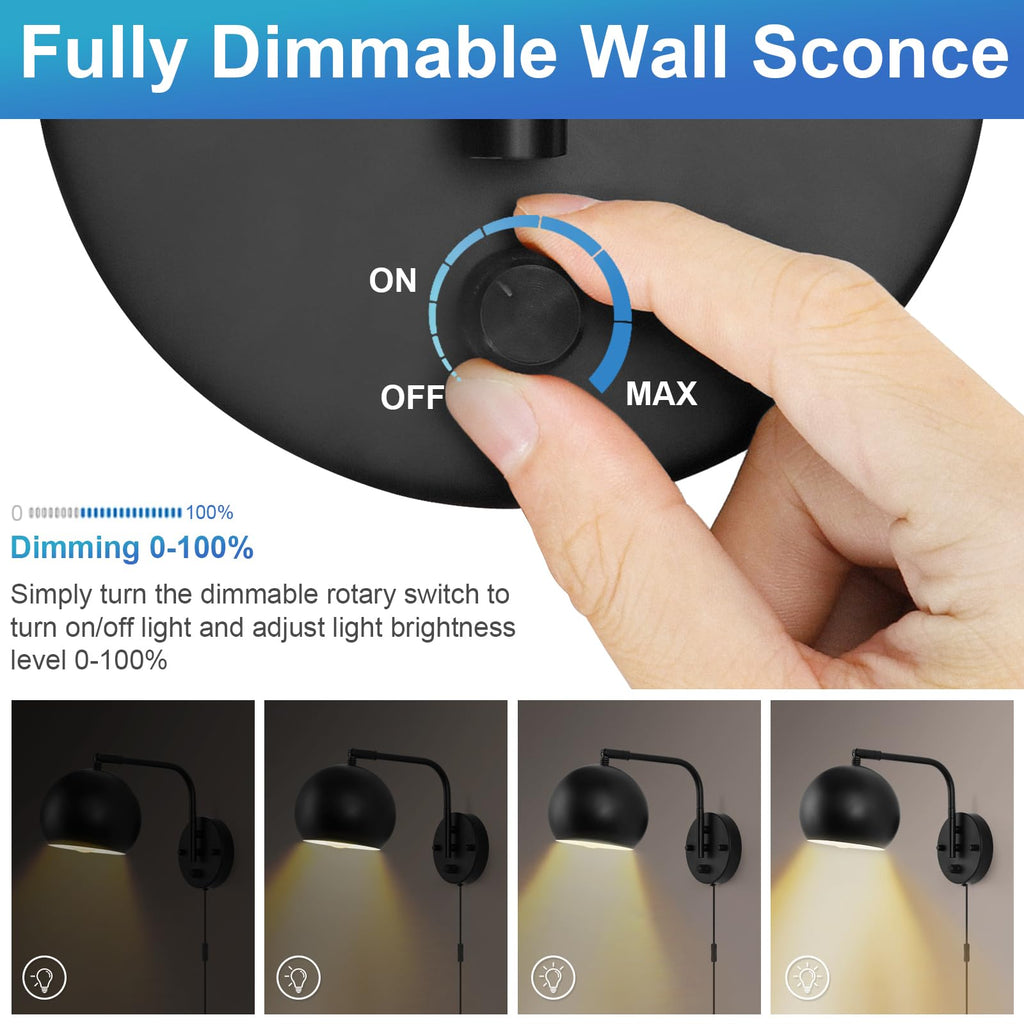 Dimmable Wall Sconces Set of 2, Plug in Wall Sconces Swing Arm Wall Lights with Plug in Cord and Dimmer On/Off Knob