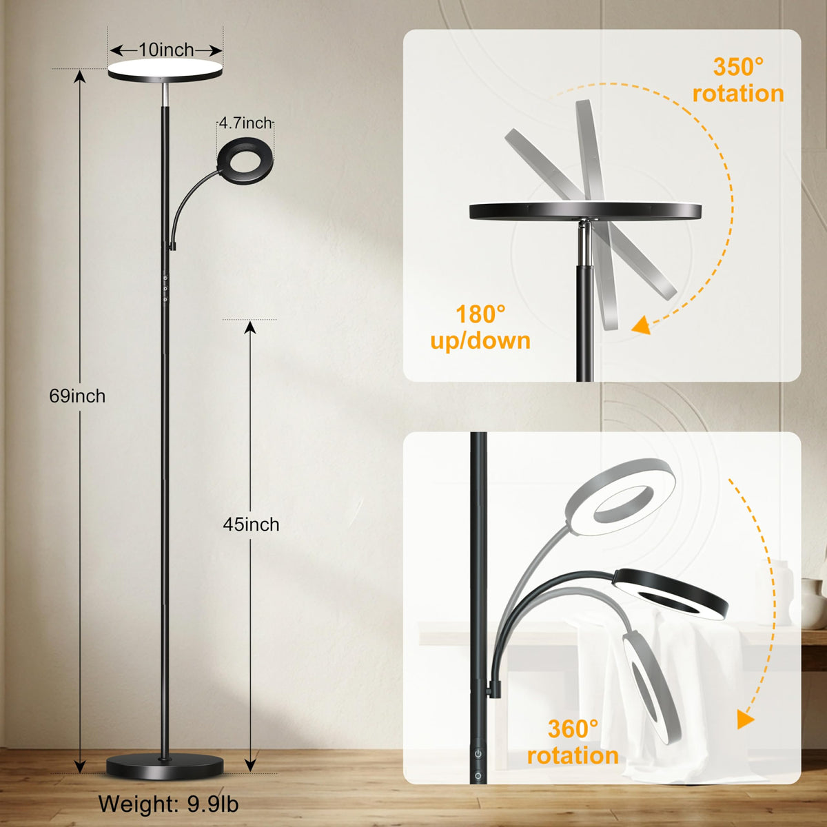 Floor Lamp, Upgraded 42W 4000LM Super Bright LED Floor Lamp Bedroom, Dimmable Standing Reading Floor Lamps