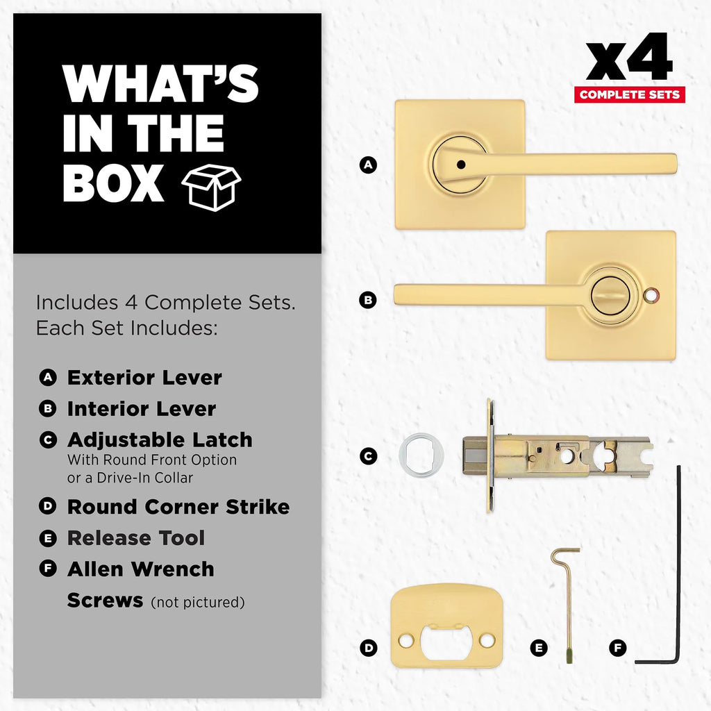 Casey Interior Square Privacy Door Handle with Lock, Door Lever , Satin Brass, Reversible Keyless Push Button Lock