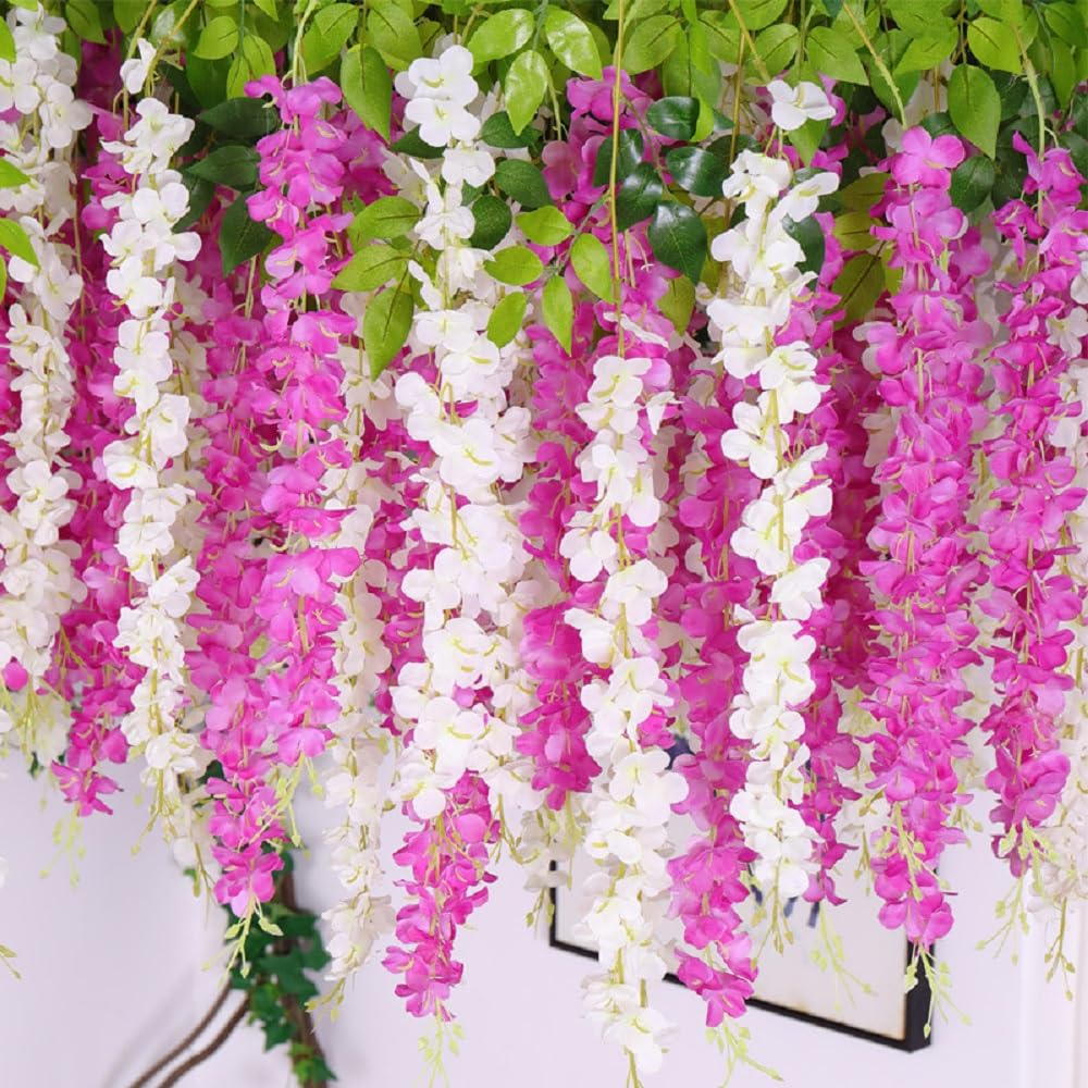 Fake Hanging Flowers - 12 Pieces 3.75 Feet/Piece Artificial Wisteria Vine Ratta Hanging Garland Silk Flowers Party