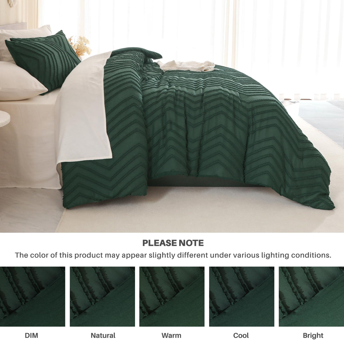 Cal King Comforter Set Dark Emerald Green, Boho Chevron Tufted Bedding Comforter Sets, Hunter Green Soft Warm 3 Pieces