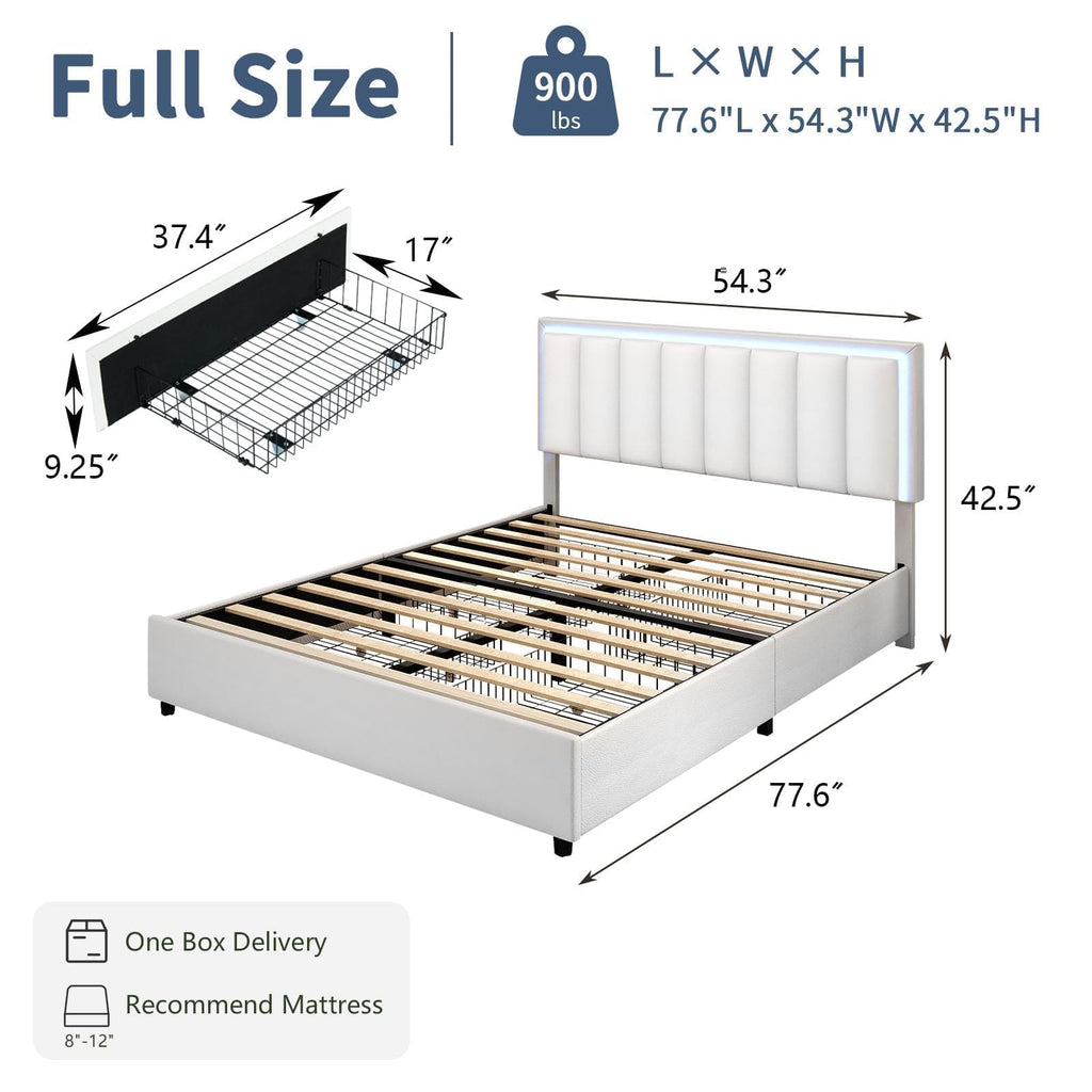 Full Size Bed Frame with Headboard and 4 Storage Drawers, Faux Leather Upholstered Platform Bed with LED Lights