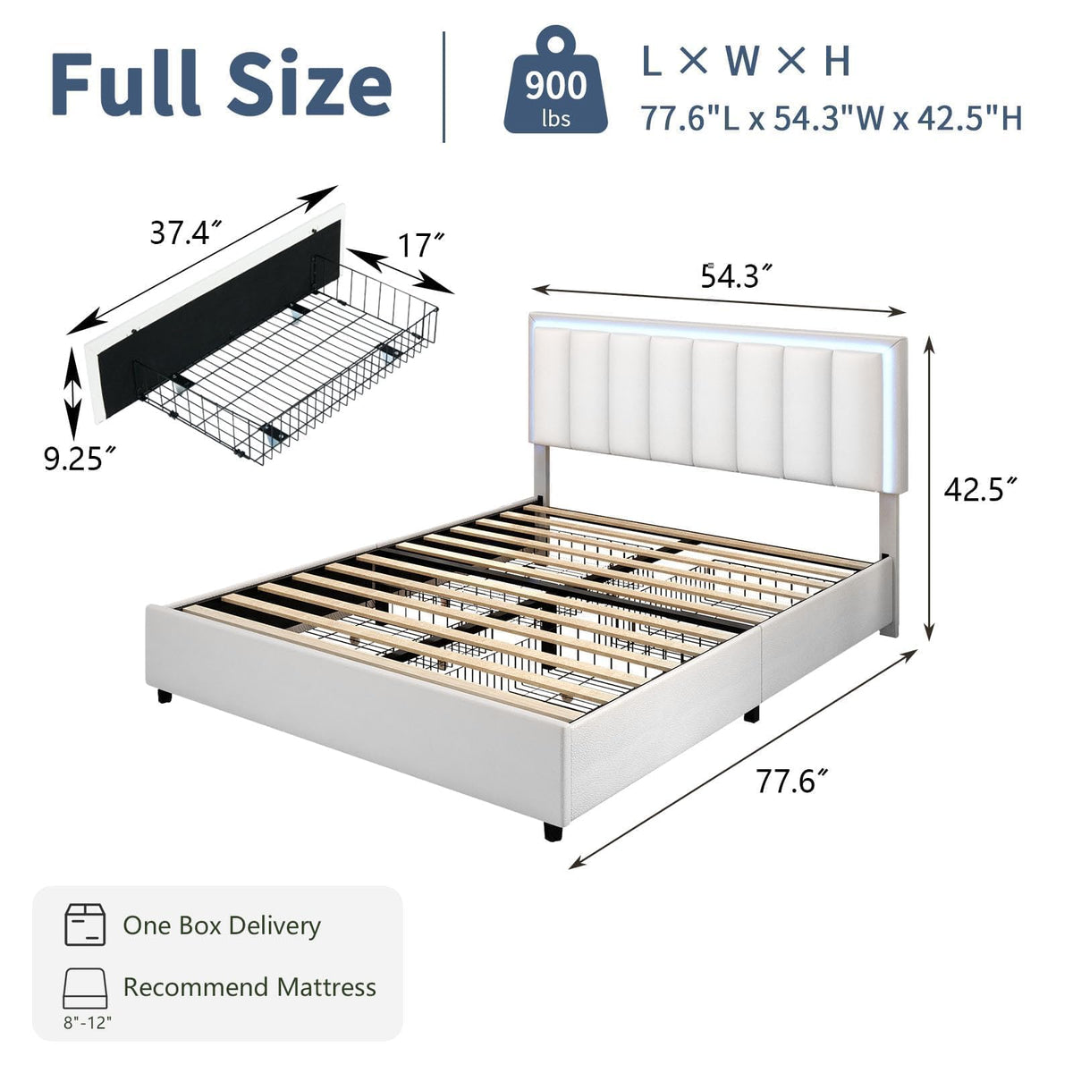 Full Size Bed Frame with Headboard and 4 Storage Drawers, Faux Leather Upholstered Platform Bed with LED Lights