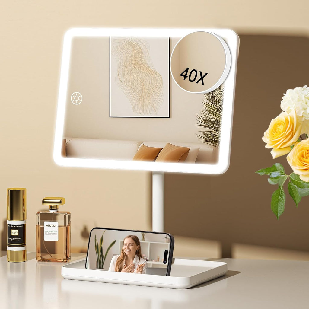 Vanity Mirror with Lights, Rechargeable Makeup Mirror with Lights,Smart Touch with 3-Color Lighting, Dimmable,