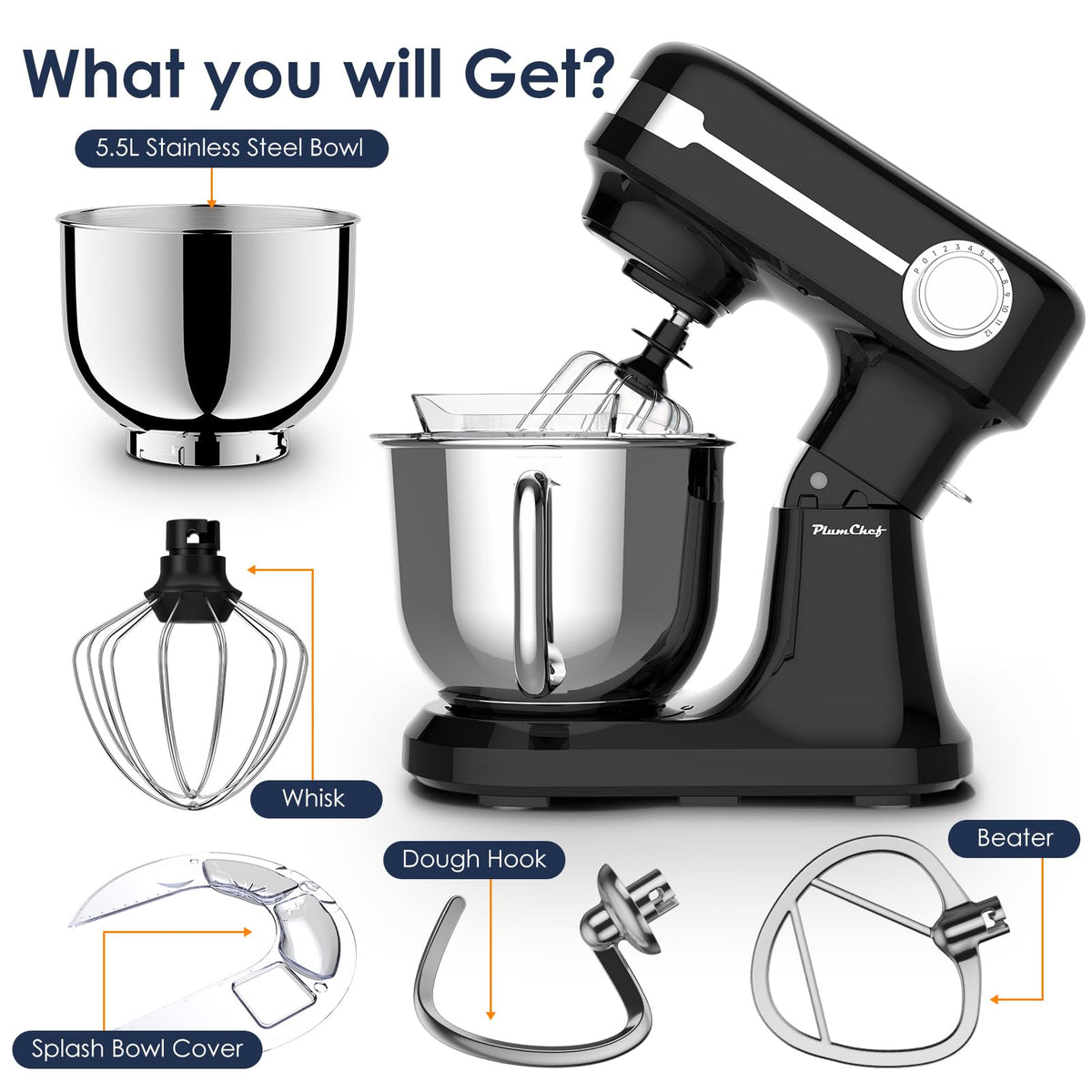 5.5QT Electric Stand Mixer,Tilt-Head Food Mixer(Black)
