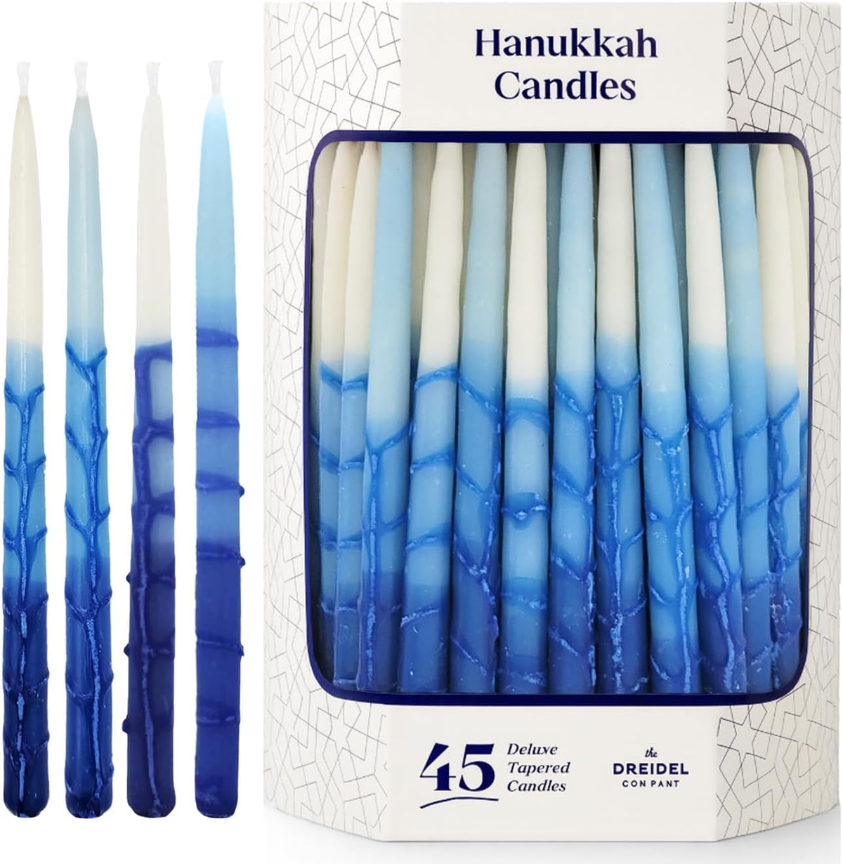 Dripless Deluxe Tapered 1-Hour Burn Time Pastel Blue and White Hanukkah Candles Includes 45 Candles for All 8 Nights - Set of 45