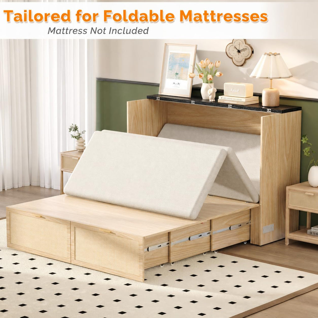 Twin Size Rattan Murphy Bed with Storage Drawer, Charging Station, Boho, Hideaway Paltform Panel Bed for Small