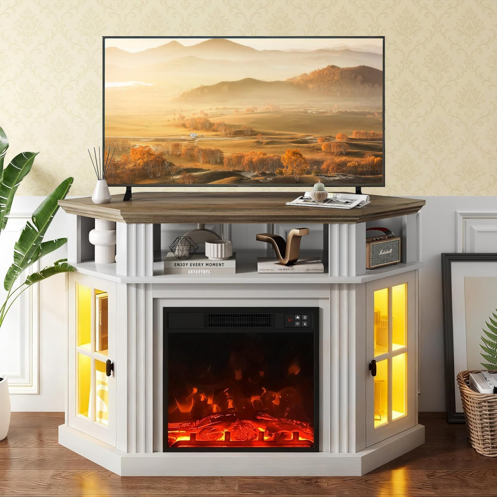 LED Corner Fireplace TV Stand with Mood Lighting, for TVs up to 55" with Storage Cabinets, Entertainment Center