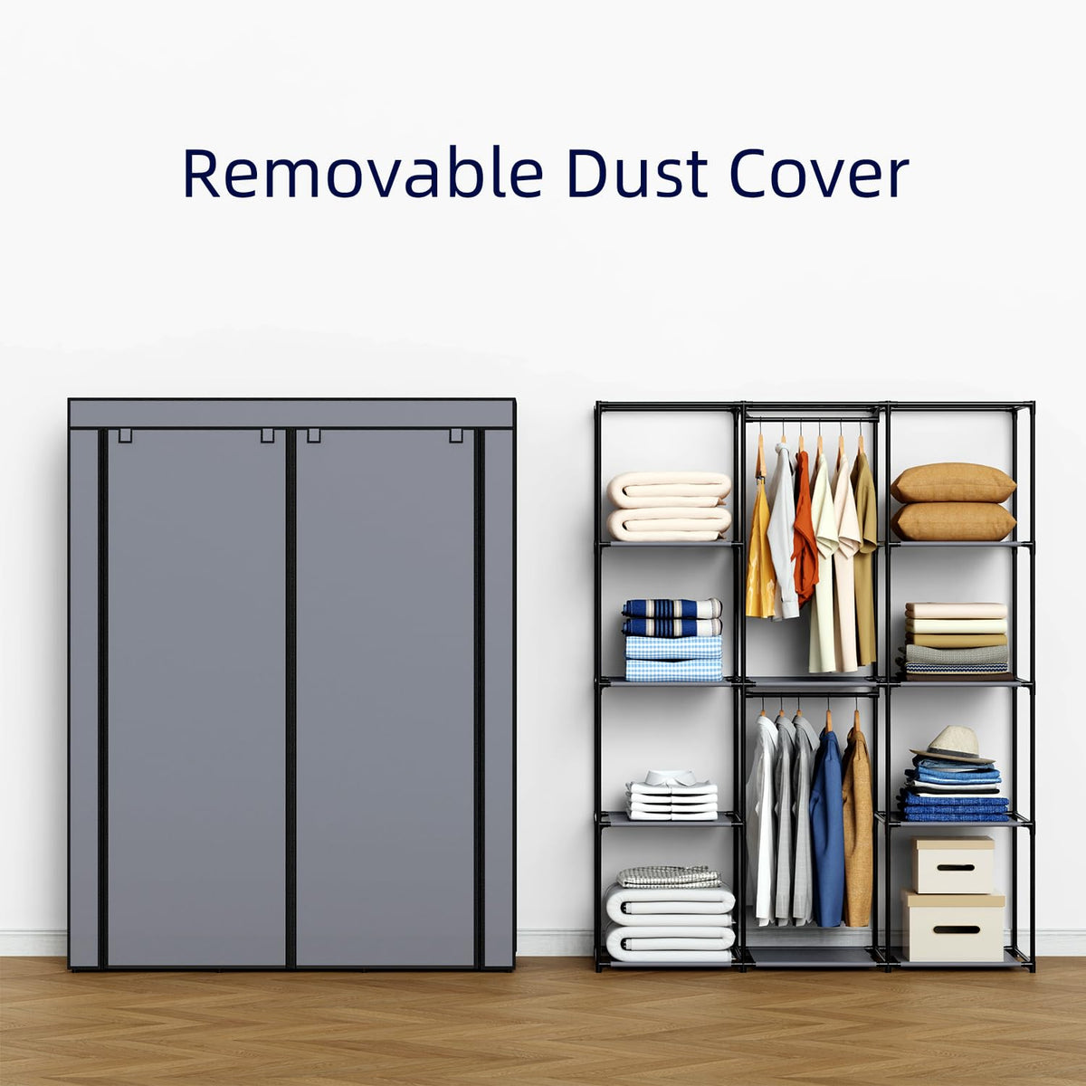 Portable Closet, Wardrobe Closet with 10 Storage Shelves and 2 Hanging Rods, Non-Woven Fabric Cover, 52.4 x 18.1 x
