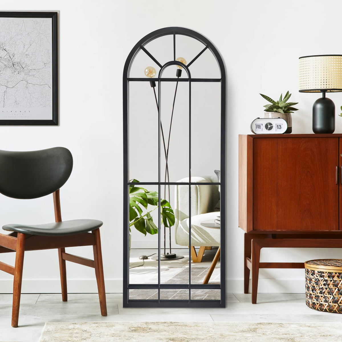 Wall Mirror Window Decorative Mirrors Arched Farmhouse Bedroom Entryway Bathroom Vanity (Black,47" x17" x1")