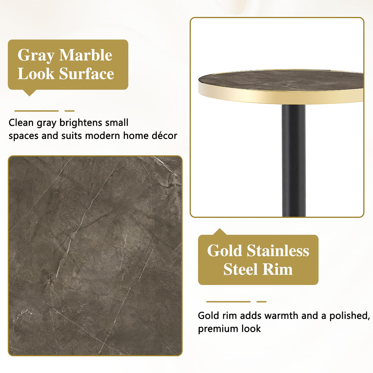 Inspired Saarinen Style 23.6" Small Round Dining Table for 2, Circle Tulip Table, Faux Marble Top with Gold Metal Pedestal Base, Modern