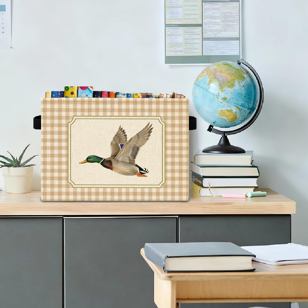 Mallard Duck Checkered Nursery Storage Bins Box with Handles, Beige White Plaid Flying Mallard Laundry Basket Hamper